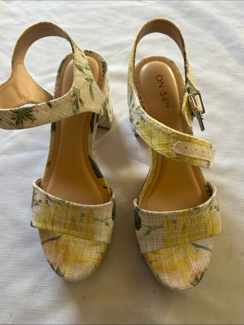 Yellow Floral Slingback Block Heels
